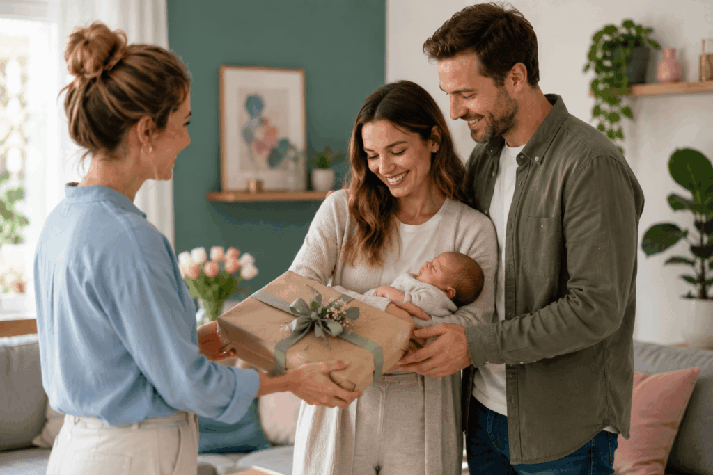 Geschenkübergabe an frisch gebackene Eltern