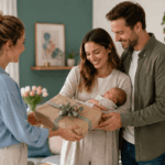 Geschenkübergabe an frisch gebackene Eltern