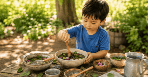 36 einfache Sommer Spiele für Kinder im Schatten Ein Kinde spielt im Schatten mit Blüten, Blättern und Wasser