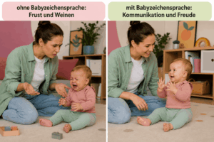 Ein Vorher-Nachher Bild. Am linken Bild eine verzeifelte Mama und ein weinendes Kleinkind sitzen am Boden. Am rechten Bild eine glückliche Mama und ein fröhliches Kleinkind, das etwas mit den Händen gebärdet.