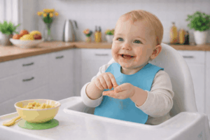 Baby im Hochstuhl gebärdet mehr in Babyzeichensprache