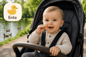 Baby sitzt im Kinderwagen und gebärdet Ente