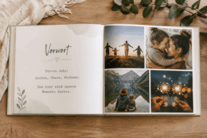 Aufgeschlagenes Fotobuch mit Vorwort und Fotos
