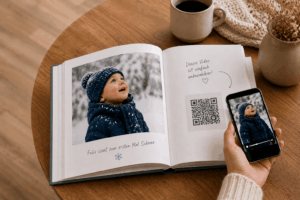Eine Fotobuchseite. Ein Junge im Schnee. Daneben ein QR Code und ein Handy, dass ein Video zeigt.