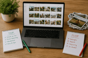Ein Laptop mit Fotoübersicht. Daneben zwei Zettel einmal mit Top und einmal mit Flop