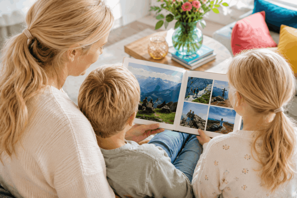 Eine Familie schaut ein Fotobuch an