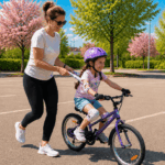 Mama lernt mit Tochter Fahrradfahren mit der Schalmethode