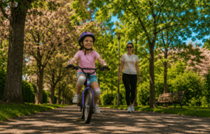 Schnell Fahrradfahren lernen ohne Frust: mit der Schalmethode Mädchen radelt durch einen Park, Mutter geht dahinter