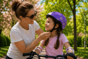 Schnell Fahrradfahren lernen ohne Frust: mit der Schalmethode Mutter schließt Helm bei Tochter