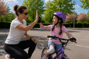Schnell Fahrradfahren lernen ohne Frust: mit der Schalmethode Mutter und Kind geben sich ein High Five