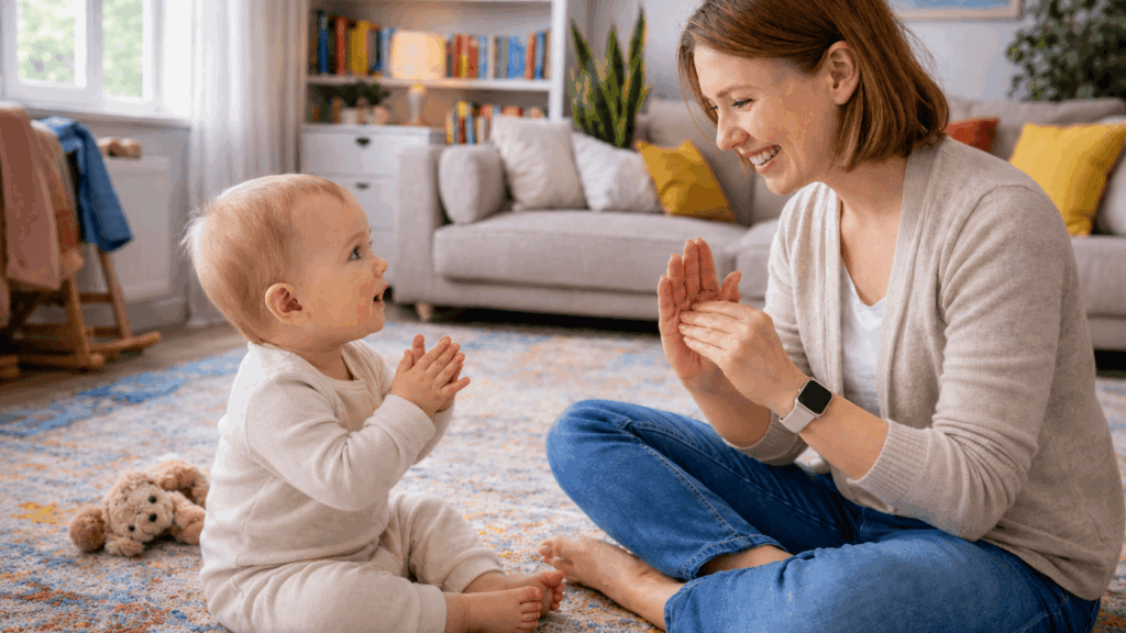 Babyzeichensprache: Mehr Verständnis, weniger Frust Mutter und Kind sitzen am Boden und gebärden