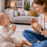Mutter und Kind sitzen am Boden und gebärden