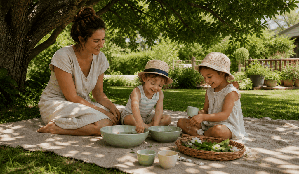 Eine Mutter und zwei Kinder sitzen gemütlich im Schatten und spielen