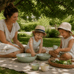 Eine Mutter und zwei Kinder sitzen gemütlich im Schatten und spielen