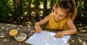 36 einfache Sommer Spiele für Kinder im Schatten Ein Kind zeichnet mit Zitronensaft ein Bild