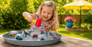 36 einfache Sommer Spiele für Kinder im Schatten Ein Kind schlägt mit einem Hammer auf Eiswürfel in die Spielzeug eingefroren sind