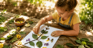36 einfache Sommer Spiele für Kinder im Schatten Ein Kind klebt Stöcke, Blätter und Blüten auf ein Blatt Papier