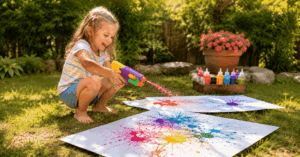 36 einfache Sommer Spiele für Kinder im Schatten Ein Mädchen spritzt farbiges Wasser auf ein großes weißen Blatt