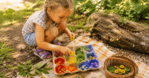 36 einfache Sommer Spiele für Kinder im Schatten Ein Kind sammelt verschiedenfarbige Naturmaterialien und sortiert sie in farbige Schälchen