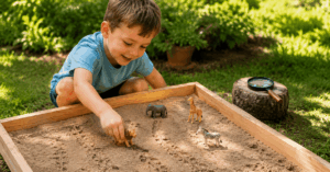 36 einfache Sommer Spiele für Kinder im Schatten Ein Kind macht Spuren mit Spielzeugtieren in den Sand
