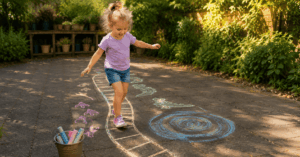 36 einfache Sommer Spiele für Kinder im Schatten Ein Kind absolviert einen auf den Boden gemalten Kreideparcours