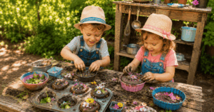 36 einfache Sommer Spiele für Kinder im Schatten Zwei Kinder backen Matschkuchen