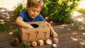 36 einfache Sommer Spiele für Kinder im Schatten Ein Kind greift in einen Karton mit Loch darin und fühlt Gegenstände