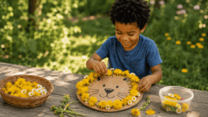 36 einfache Sommer Spiele für Kinder im Schatten Ein Junge steht Blüten in ein Kartonlöwengesicht