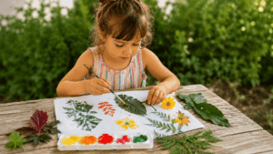 36 einfache Sommer Spiele für Kinder im Schatten Ein Kind malt Naturmaterialien an und druckt sie auf Papier