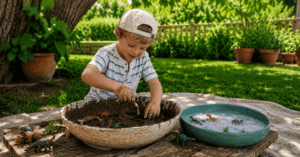 36 einfache Sommer Spiele für Kinder im Schatten Ein Kind befreit Spielzeugdinos aus einer Schüssel voll Schlamm und wäscht sie