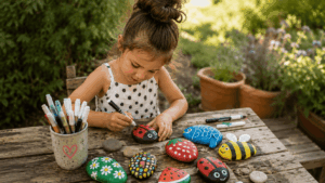 36 einfache Sommer Spiele für Kinder im Schatten Ein Kind malt Steine bunt an - Marienkäfer, Biene, Wassermelone usw.