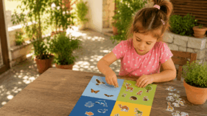 36 einfache Sommer Spiele für Kinder im Schatten Ein Kind klebt Tiersticker auf verschieden farbige Papiere