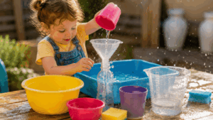 36 einfache Sommer Spiele für Kinder im Schatten Ein Kind schöpft Wasser in verschiedene Gefäße