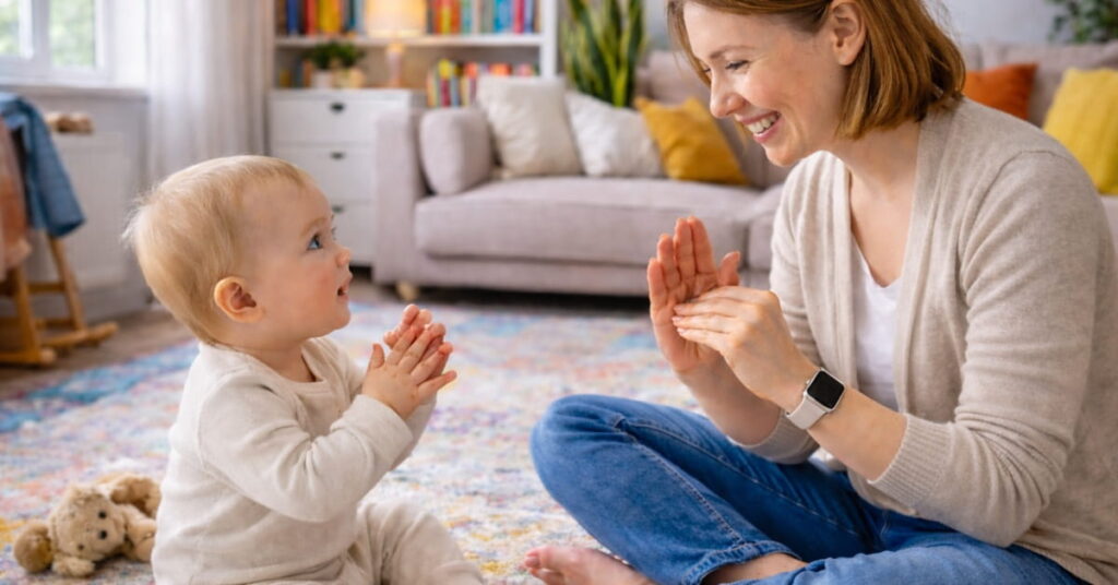 Eine Mutter sitzt mit ihrem Kind am Boden und gebärdet "mehr" mit den Händen