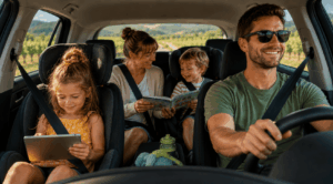 familie im auto wechselt platz